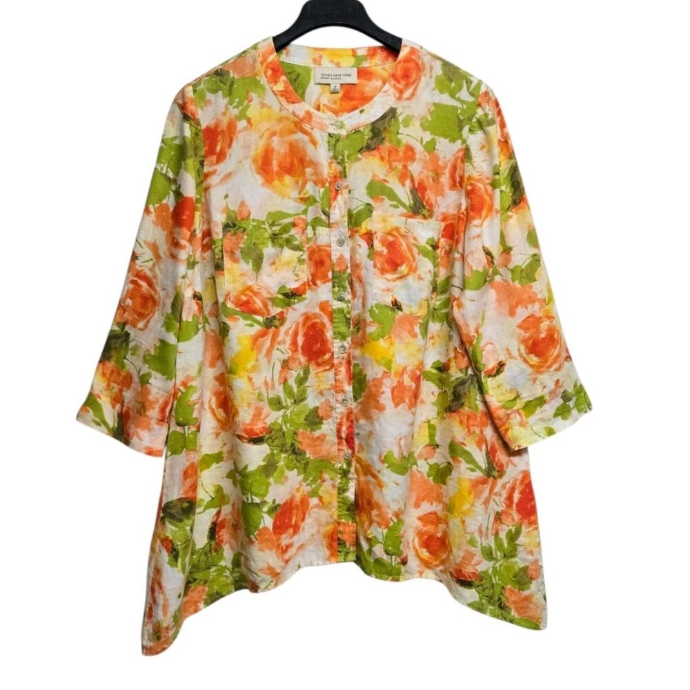 Jones New York  Womens Plus 1X Floral Print Linen Button Up Shirt Casual
